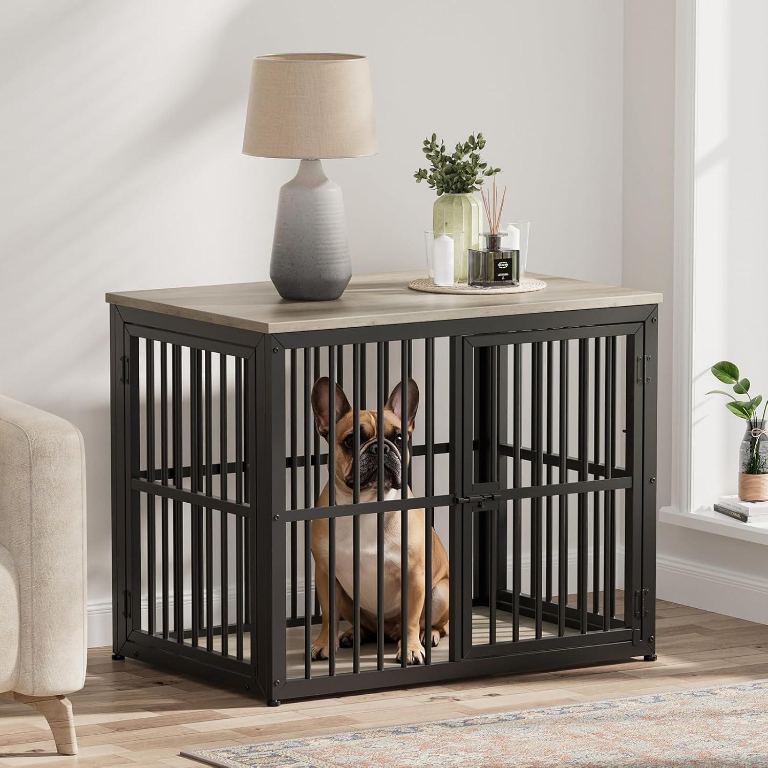 imageLyromix 33 Dog Crate Furniture with 3 DoorsWooden Crate End Table Heavy Duty Indoor Puppy Cage for Small to Medium Dogs Multiple Units Can be Combined GreyAncient gray