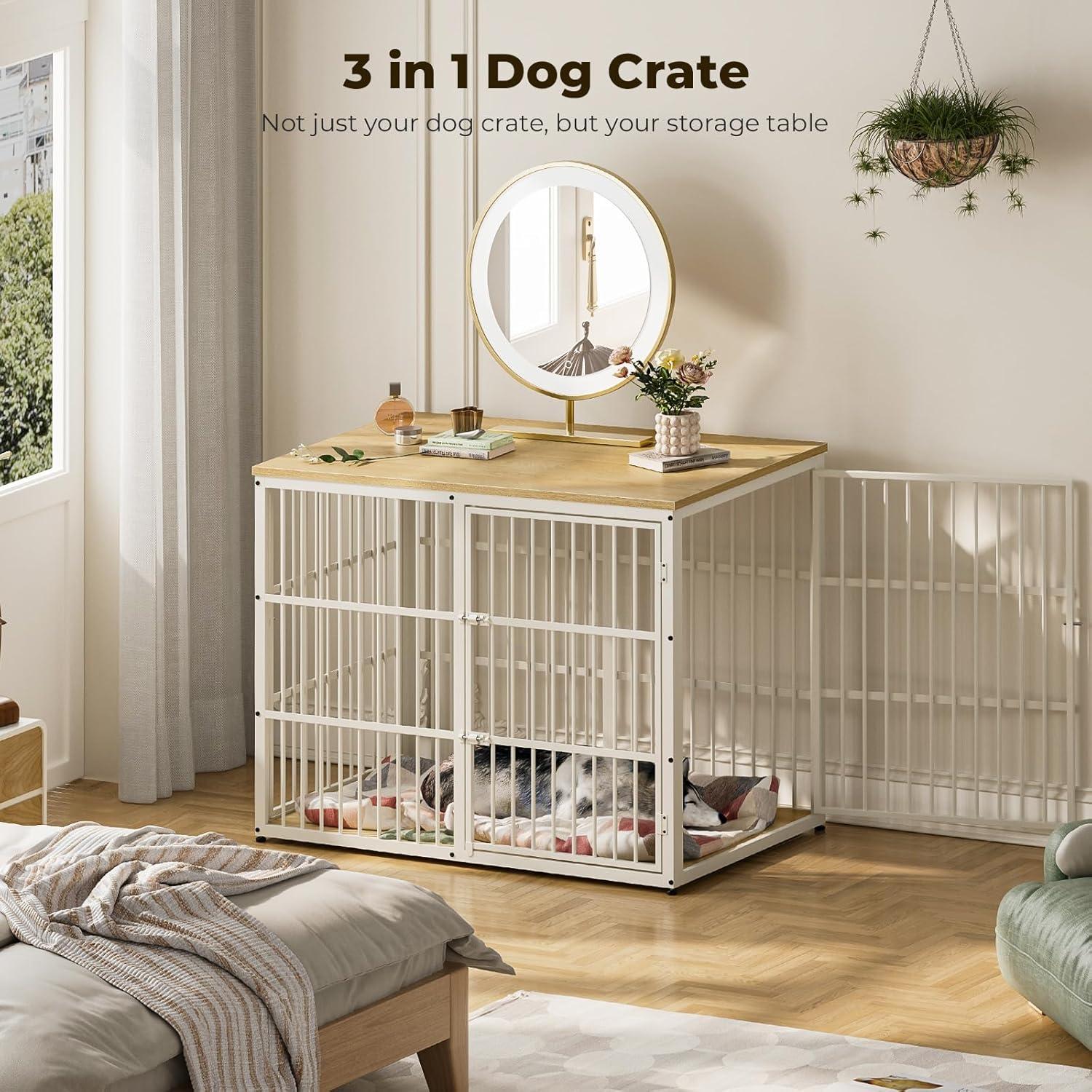 imageLyromix 33 Dog Crate Furniture with 3 DoorsWooden Crate End Table Heavy Duty Indoor Puppy Cage for Small to Medium Dogs Multiple Units Can be Combined GreyNatural Beech