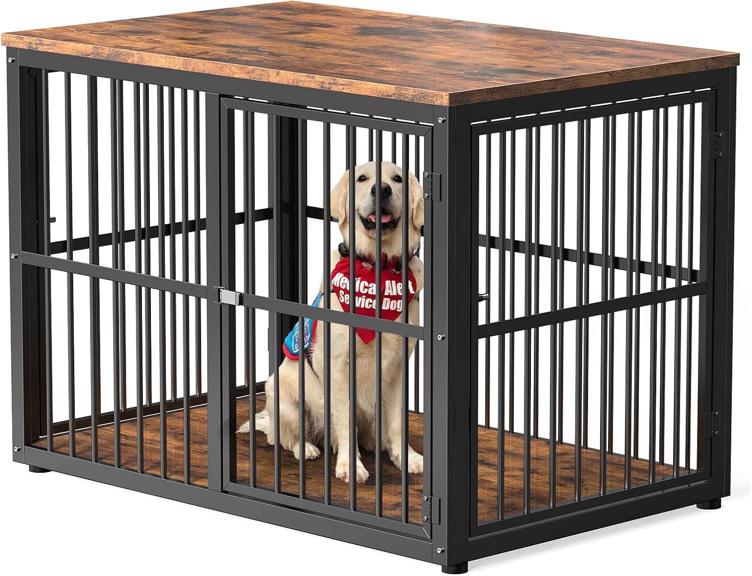 imageLyromix 33 Dog Crate Furniture with 3 DoorsWooden Crate End Table Heavy Duty Indoor Puppy Cage for Small to Medium Dogs Multiple Units Can be Combined GreyBrown