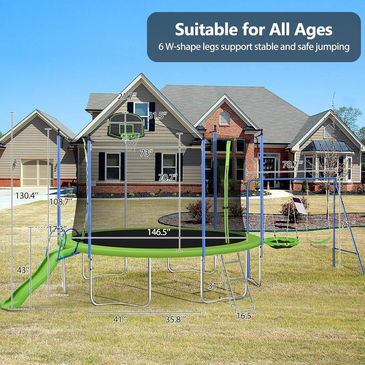 imageLyromix 12FT Trampoline with Slide and Swings ASTM Approved Large Recreational Tranpoline with Sprinkler Basketball Hoop and Net Capacity for 57 Kids Adults Green12 FT Trampoline with Swings and Slide