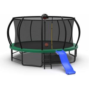 Lyromix 10FT 12FT 14FT 15FT 16FT Trampoline Outdoor with Slide, Outdoor Trampoline with Basketball Hoop, Recreational Trampolines with Enclosure Net & Ladder for Kids and Adults(Tea Green)