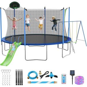 Lyromix 12FT 14FT Trampoline with Slide and Swings, ASTM Approved Outdoor Trampoline with Basketball Hoop and Ladder, Capacity for 5-7 Kids and Adults(Sea Blue)