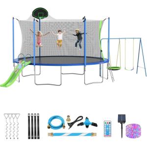 Lyromix 12FT 14FT Trampoline with Slide and Swings, ASTM Approved Outdoor Trampoline with Basketball Hoop and Ladder, Capacity for 5-7 Kids and Adults(Sky Blue)