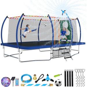 Lyromix 14FT & 16FT Outdoor Rectangle Trampoline for Kids & Adults, Curved Poles, Pumpkin Color, Light, Sprinkler, Soccer & Storage Bag(Dark Blue)