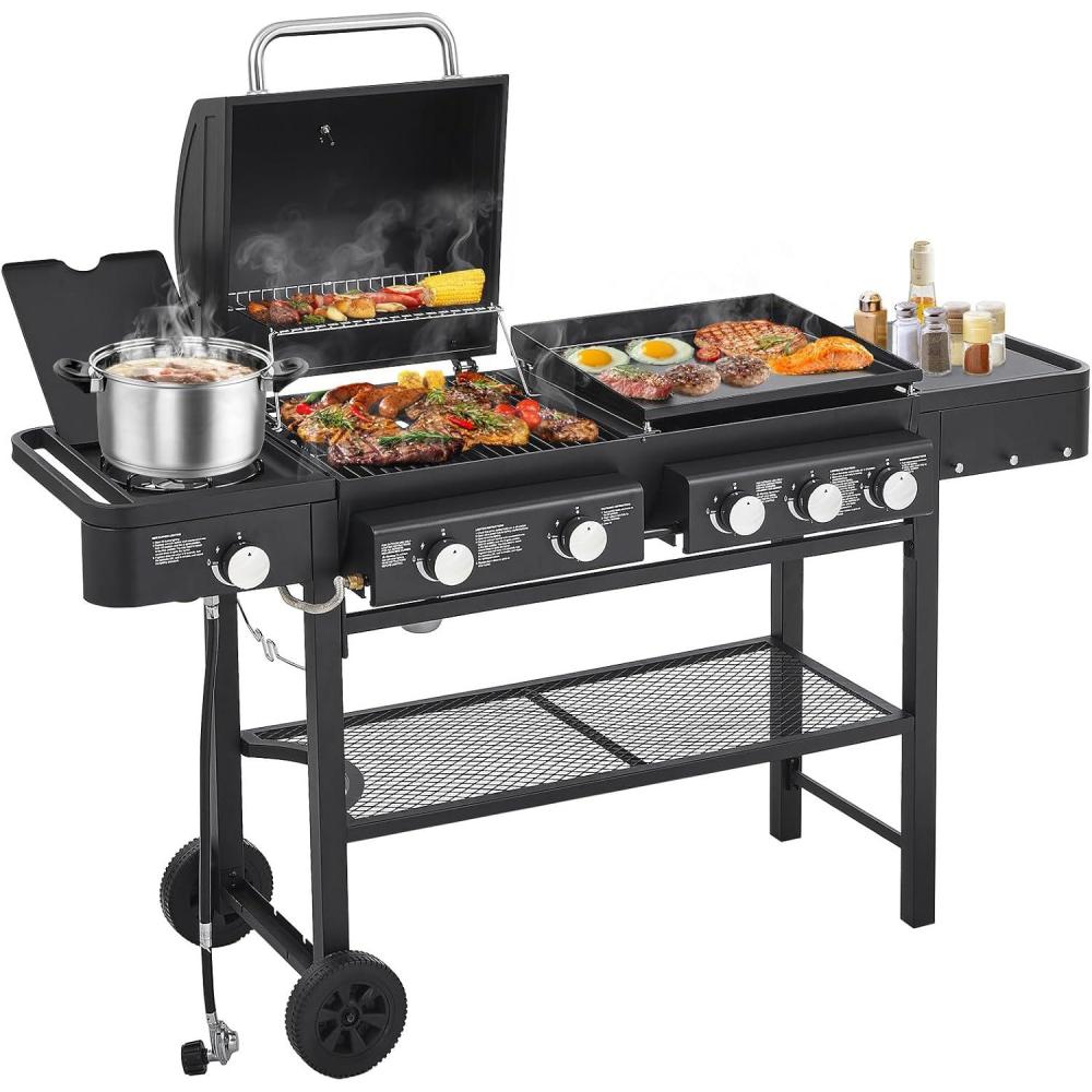 imageLyromix 4 Burners Gas Grill with Side Burner Propane Grill with Wheels and Storage Outdoor Gas BBQ with Oil Tray and Thermometer for Patio and Party 49200 BTU5 Burner Gas Grill Griddle Combo