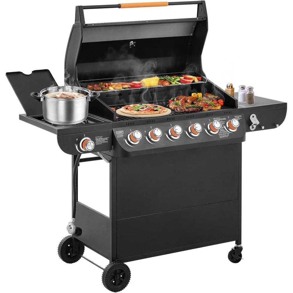 imageLyromix 4 Burners Gas Grill with Side Burner Propane Grill with Wheels and Storage Outdoor Gas BBQ with Oil Tray and Thermometer for Patio and Party 49200 BTU6 Burner Gas Grill with Side Burner