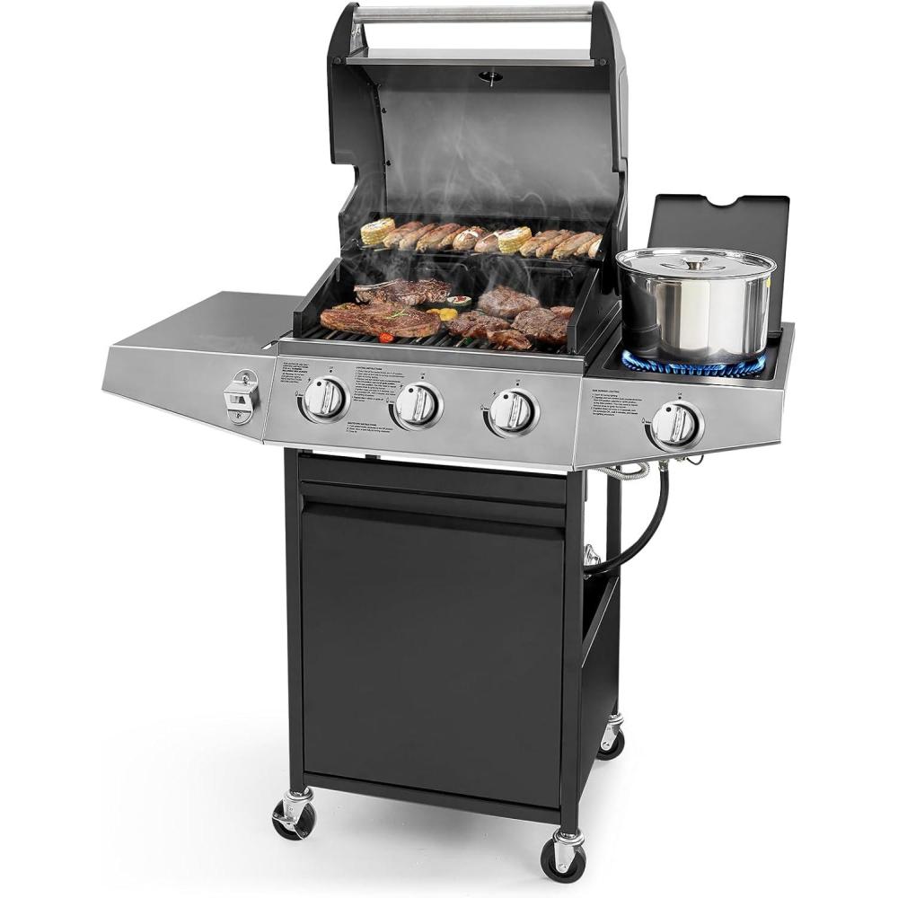imageLyromix 4 Burners Gas Grill with Side Burner Propane Grill with Wheels and Storage Outdoor Gas BBQ with Oil Tray and Thermometer for Patio and Party 49200 BTU3 Burner Gas Grill with Side Burner