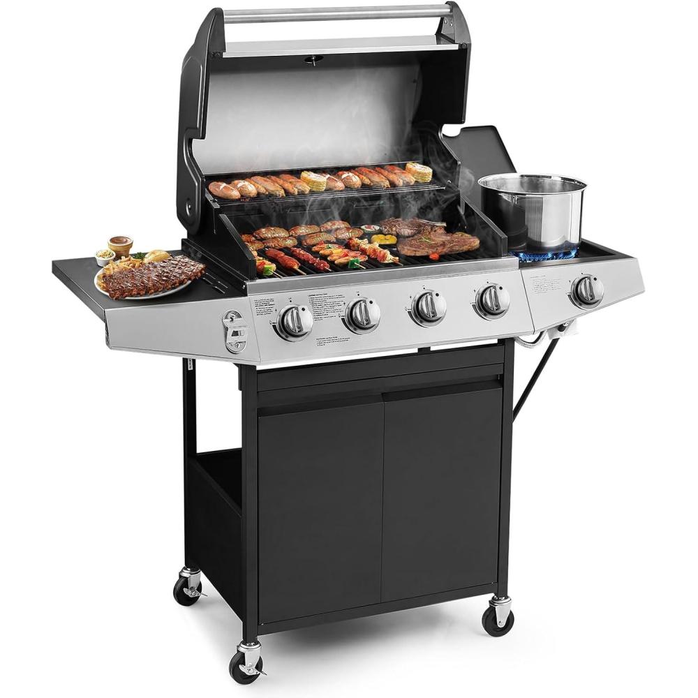 imageLyromix 4 Burners Gas Grill with Side Burner Propane Grill with Wheels and Storage Outdoor Gas BBQ with Oil Tray and Thermometer for Patio and Party 49200 BTU4 Burner Gas Grill with Side Burner