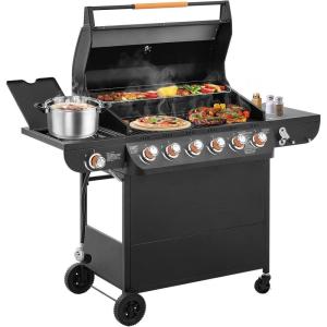 Lyromix 4 Burners Gas Grill with Side Burner, Propane Grill with Wheels and Storage, Outdoor Gas BBQ with Oil Tray and Thermometer for Patio and Party, 49200 BTU(6 Burner Gas Grill with Side Burner)