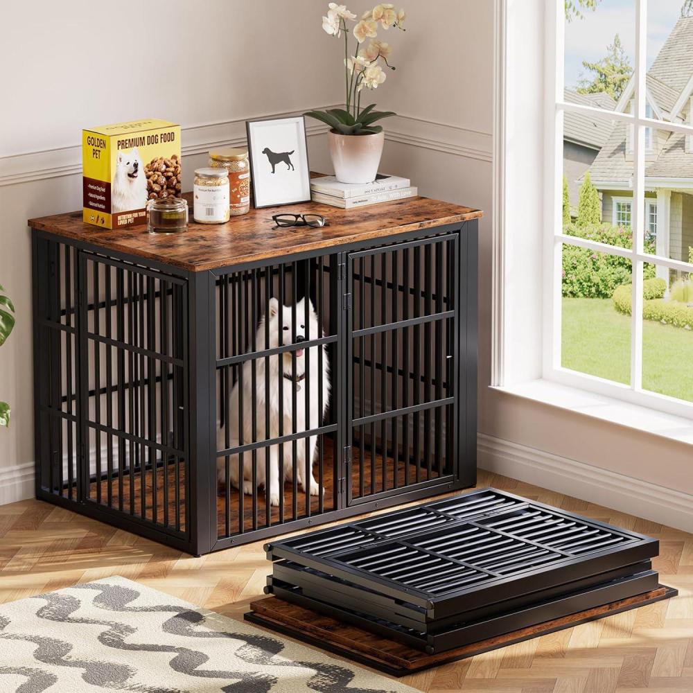 imageLyromix 48quot Foldable Dog Crate Furniture No Assembly Large Dog Kennel Furniture for Medium and Large Breed ChewProof XL Wooden Dog Cage as Side End Table Rustic Brown