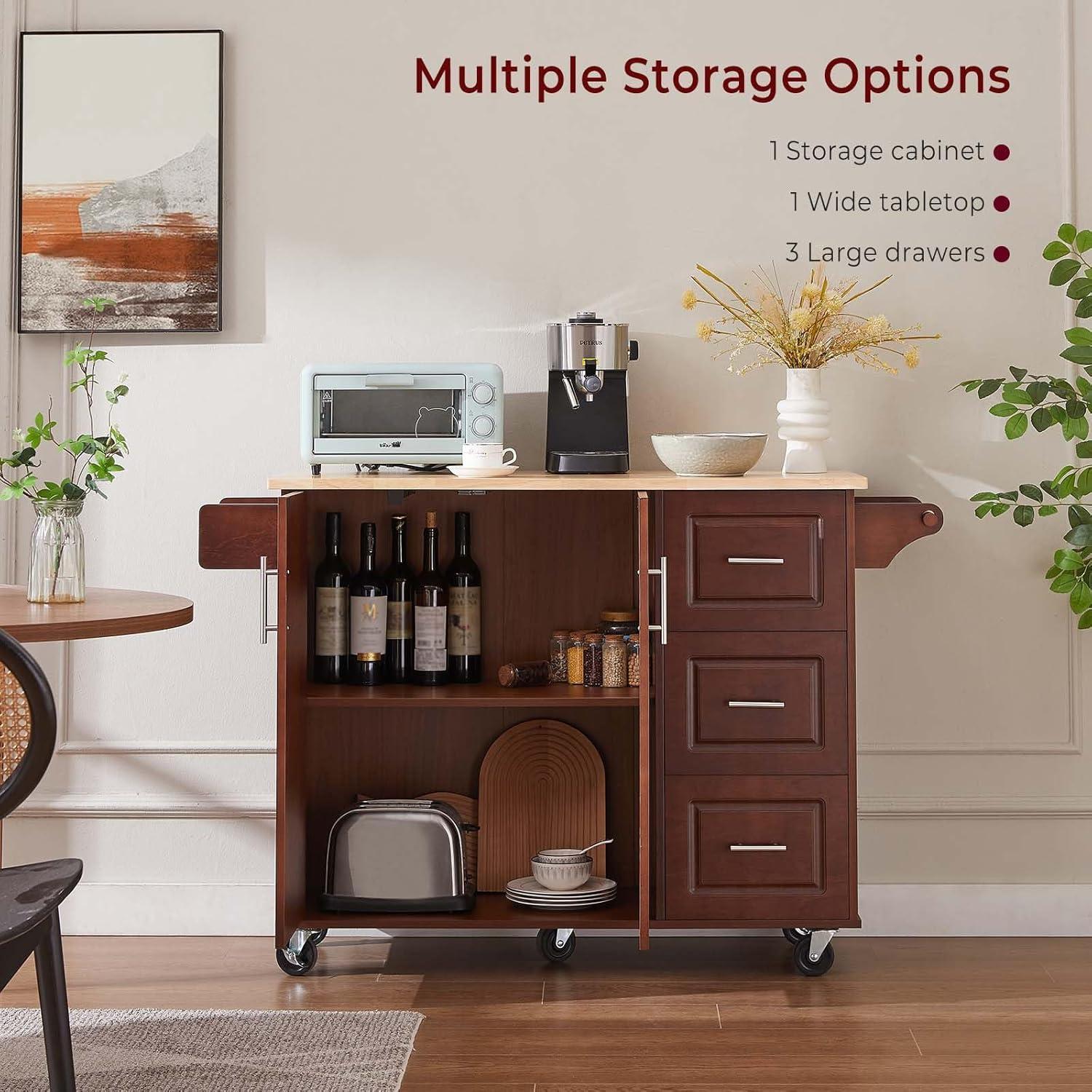 image:imageLyromix Walnut 54 Rolling Kitchen Island Cart with Storage Large Kitchen Cart with Folding Drop Leaf Breakfast Bar Wood Island Table with 3 Drawers and Spice Rack amp Towel Rack BrownRustic Brown3 Drawers