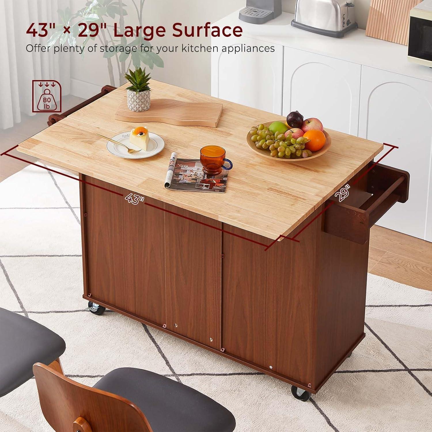 image:imageLyromix Walnut 54 Rolling Kitchen Island Cart with Storage Large Kitchen Cart with Folding Drop Leaf Breakfast Bar Wood Island Table with 3 Drawers and Spice Rack amp Towel Rack BrownRustic Brown3 Drawers