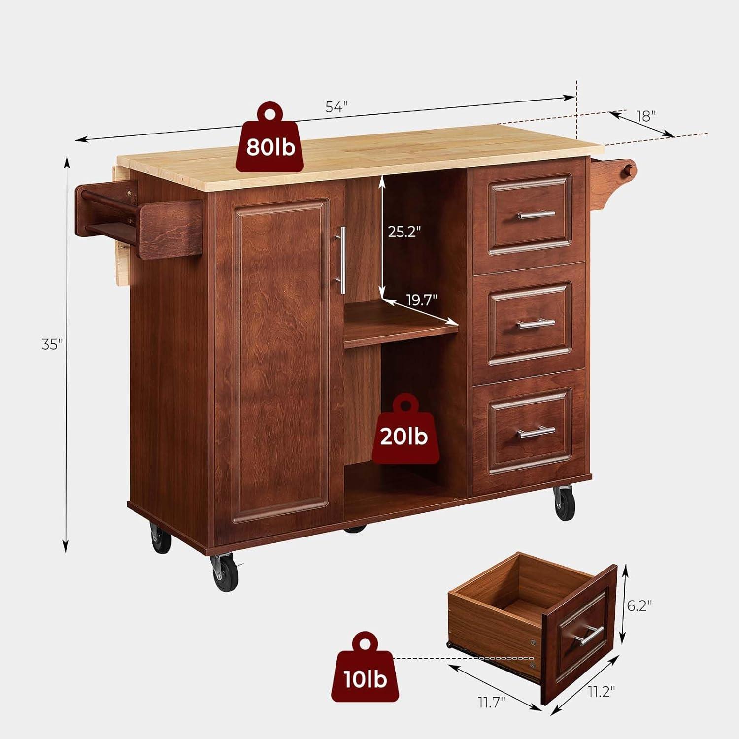 image:imageLyromix Walnut 54 Rolling Kitchen Island Cart with Storage Large Kitchen Cart with Folding Drop Leaf Breakfast Bar Wood Island Table with 3 Drawers and Spice Rack amp Towel Rack BrownRustic Brown3 Drawers