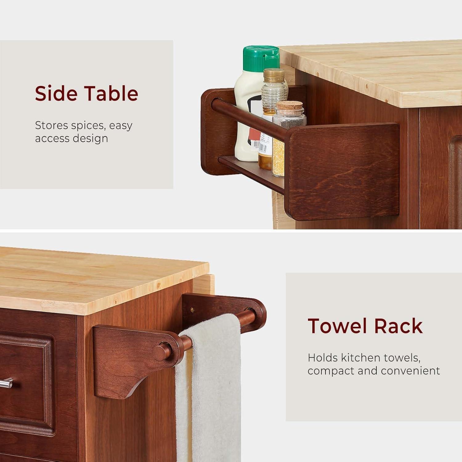 image:imageLyromix Walnut 54 Rolling Kitchen Island Cart with Storage Large Kitchen Cart with Folding Drop Leaf Breakfast Bar Wood Island Table with 3 Drawers and Spice Rack amp Towel Rack BrownRustic Brown3 Drawers