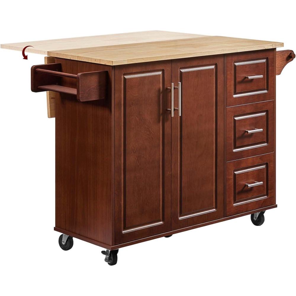 image:imageLyromix Walnut 54 Rolling Kitchen Island Cart with Storage Large Kitchen Cart with Folding Drop Leaf Breakfast Bar Wood Island Table with 3 Drawers and Spice Rack amp Towel Rack BrownRustic Brown3 Drawers