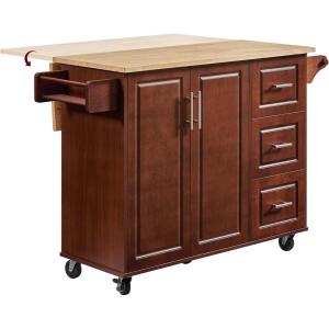 Lyromix Walnut 54″ Rolling Kitchen Island Cart with Storage, Large Kitchen Cart with Folding Drop Leaf Breakfast Bar, Wood Island Table with 3 Drawers and Spice Rack & Towel Rack, Brown(Rustic Brown-3 Drawers)