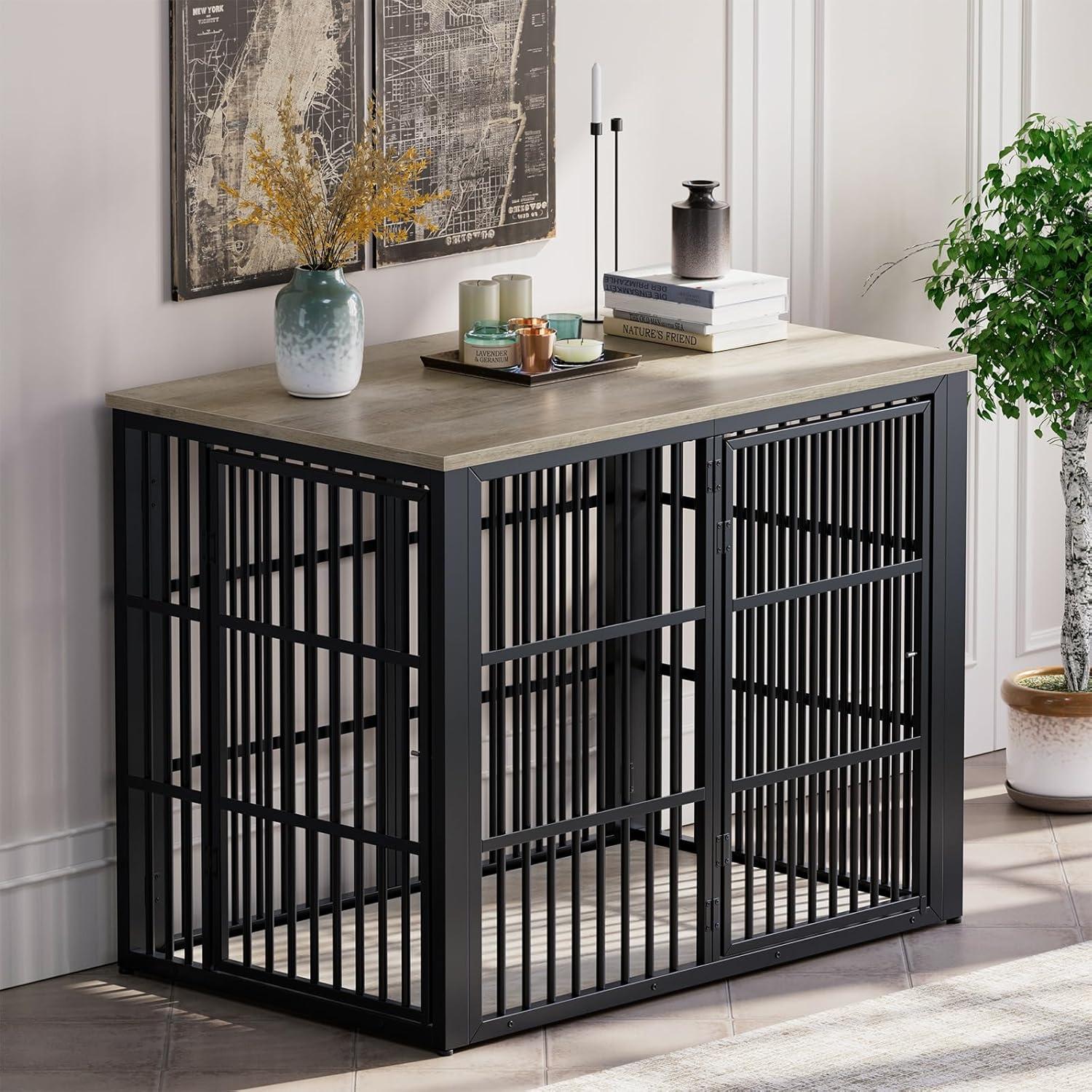 image:imageLyromix 48 Foldable Dog Crate Furniture Quick Assembly Large Dog Kennel Furniture for Medium and Large Breed ChewProof XL Wooden Dog Cage as Side End Table Light IvoryLight Ivory