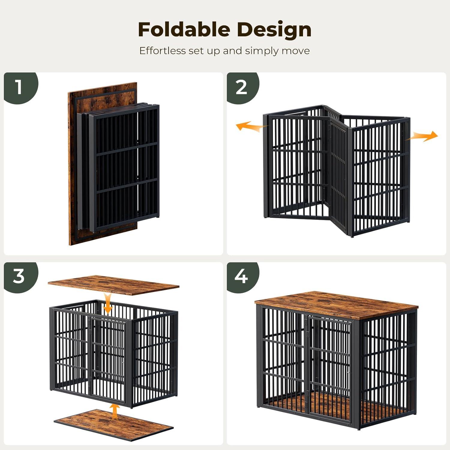 image:imageLyromix 48 Foldable Dog Crate Furniture Quick Assembly Large Dog Kennel Furniture for Medium and Large Breed ChewProof XL Wooden Dog Cage as Side End Table Light IvoryRustic Brown
