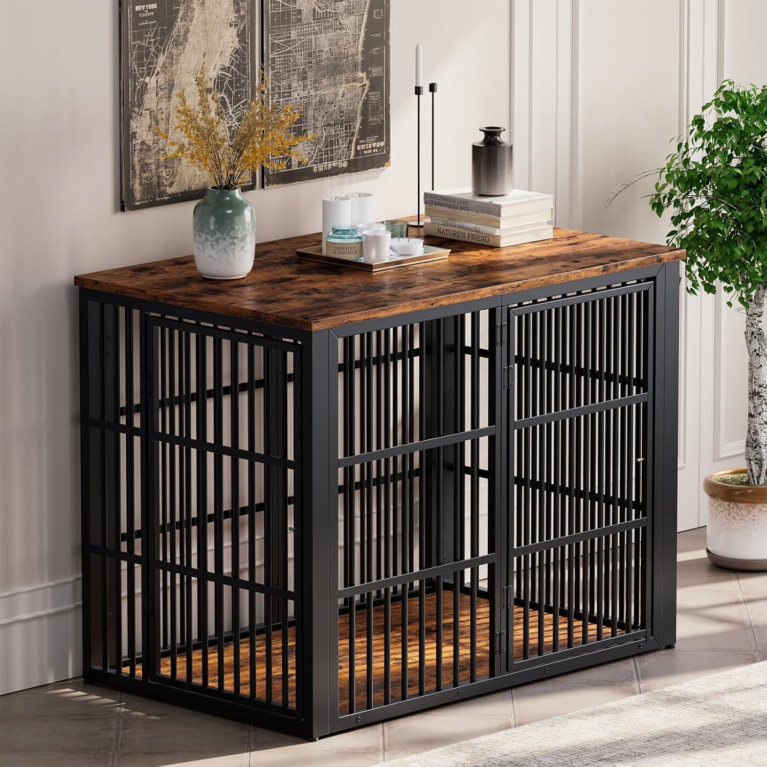 image:imageLyromix 48 Foldable Dog Crate Furniture Quick Assembly Large Dog Kennel Furniture for Medium and Large Breed ChewProof XL Wooden Dog Cage as Side End Table Light IvoryRustic Brown