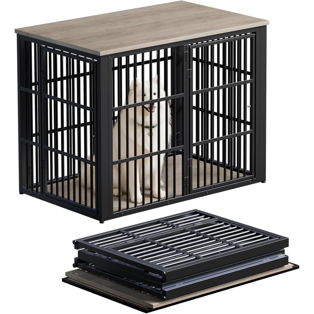 image:imageLyromix 48 Foldable Dog Crate Furniture Quick Assembly Large Dog Kennel Furniture for Medium and Large Breed ChewProof XL Wooden Dog Cage as Side End Table Light IvoryLight Ivory