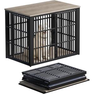 Lyromix 48″ Foldable Dog Crate Furniture, Quick Assembly Large Dog Kennel Furniture for Medium and Large Breed, Chew-Proof XL Wooden Dog Cage as Side End Table, Light Ivory(Light Ivory)