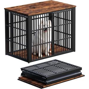 Lyromix 48″ Foldable Dog Crate Furniture, Quick Assembly Large Dog Kennel Furniture for Medium and Large Breed, Chew-Proof XL Wooden Dog Cage as Side End Table, Light Ivory(Rustic Brown)