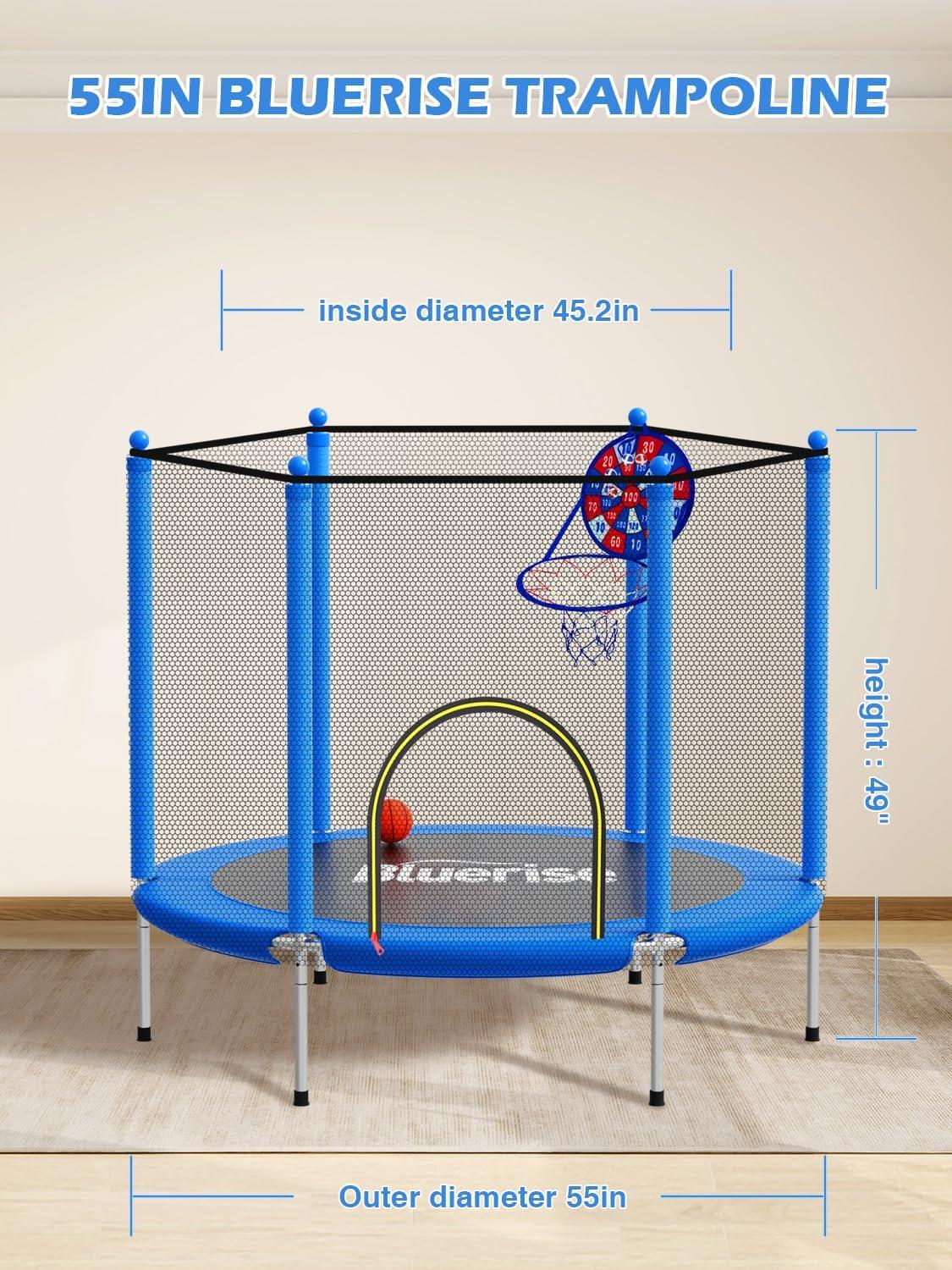 image:imageBLUERISE 55IN 6FT Toddler Trampoline for Kids Indoor Outdoor Play for Kids Trampoline Basketball Hoop Attachment with Enclosure Net Easy to AssembleBlue 55IN
