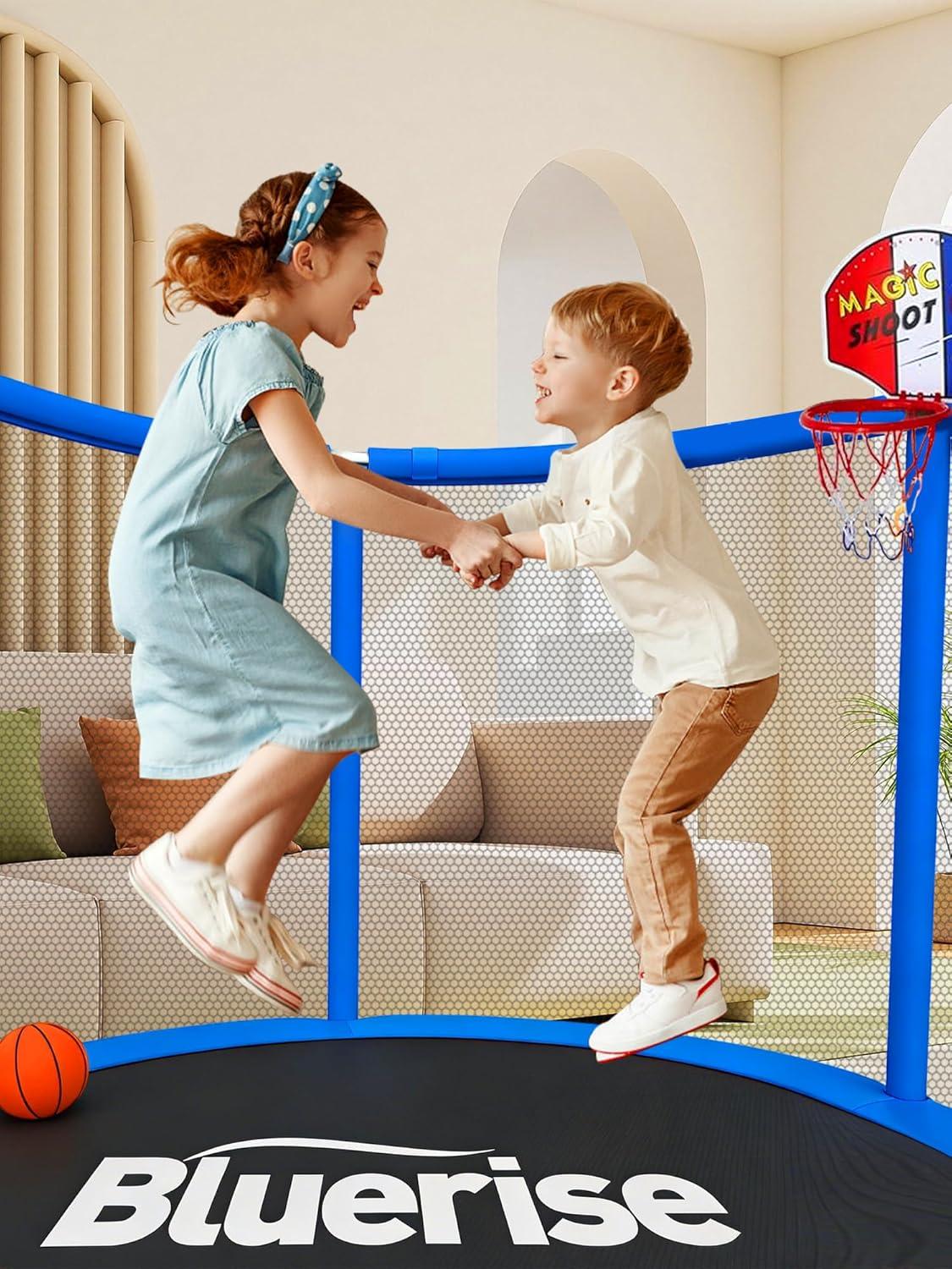 image:imageBLUERISE 55IN 6FT Toddler Trampoline for Kids Indoor Outdoor Play for Kids Trampoline Basketball Hoop Attachment with Enclosure Net Easy to AssembleBlue Dark 55IN 6in1