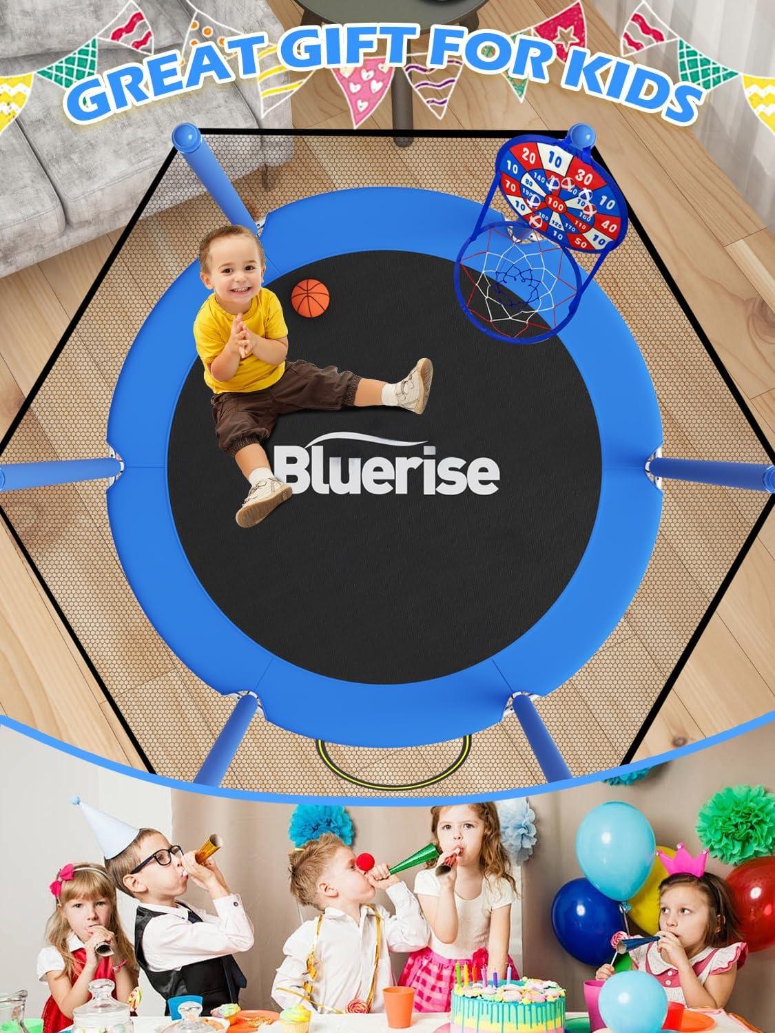 image:imageBLUERISE 55IN 6FT Toddler Trampoline for Kids Indoor Outdoor Play for Kids Trampoline Basketball Hoop Attachment with Enclosure Net Easy to AssembleBlue 55IN