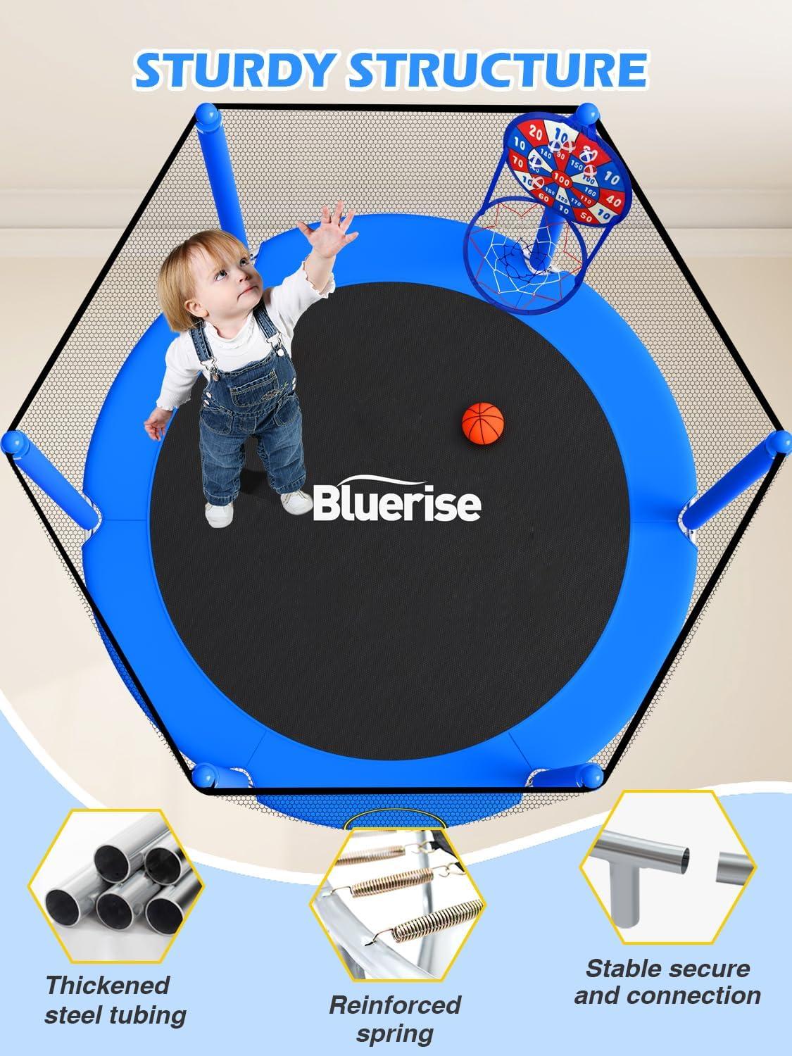 image:imageBLUERISE 55IN 6FT Toddler Trampoline for Kids Indoor Outdoor Play for Kids Trampoline Basketball Hoop Attachment with Enclosure Net Easy to AssembleBlue 55IN