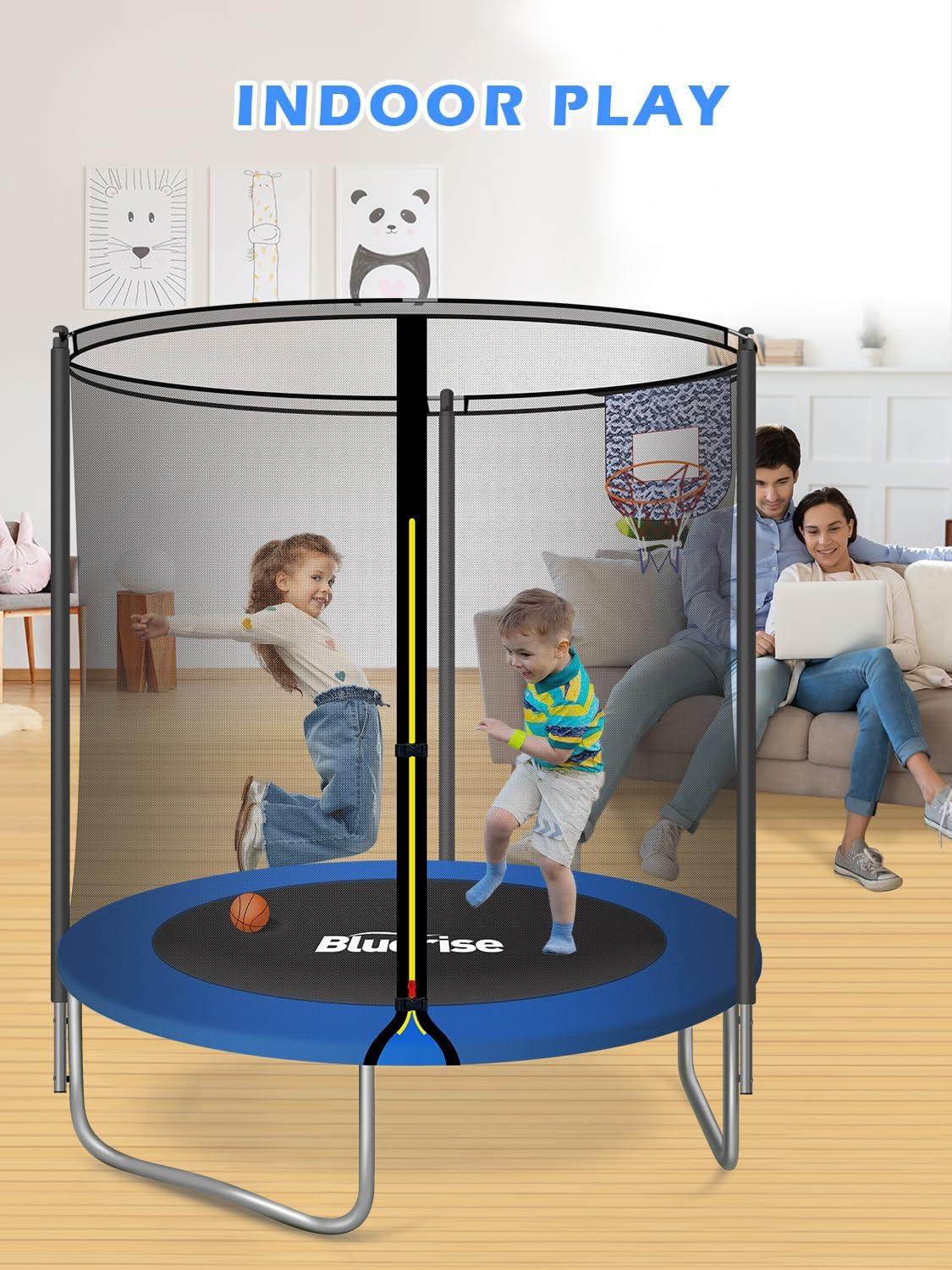 image:imageBLUERISE 55IN 6FT Toddler Trampoline for Kids Indoor Outdoor Play for Kids Trampoline Basketball Hoop Attachment with Enclosure Net Easy to AssembleBlue 6FT