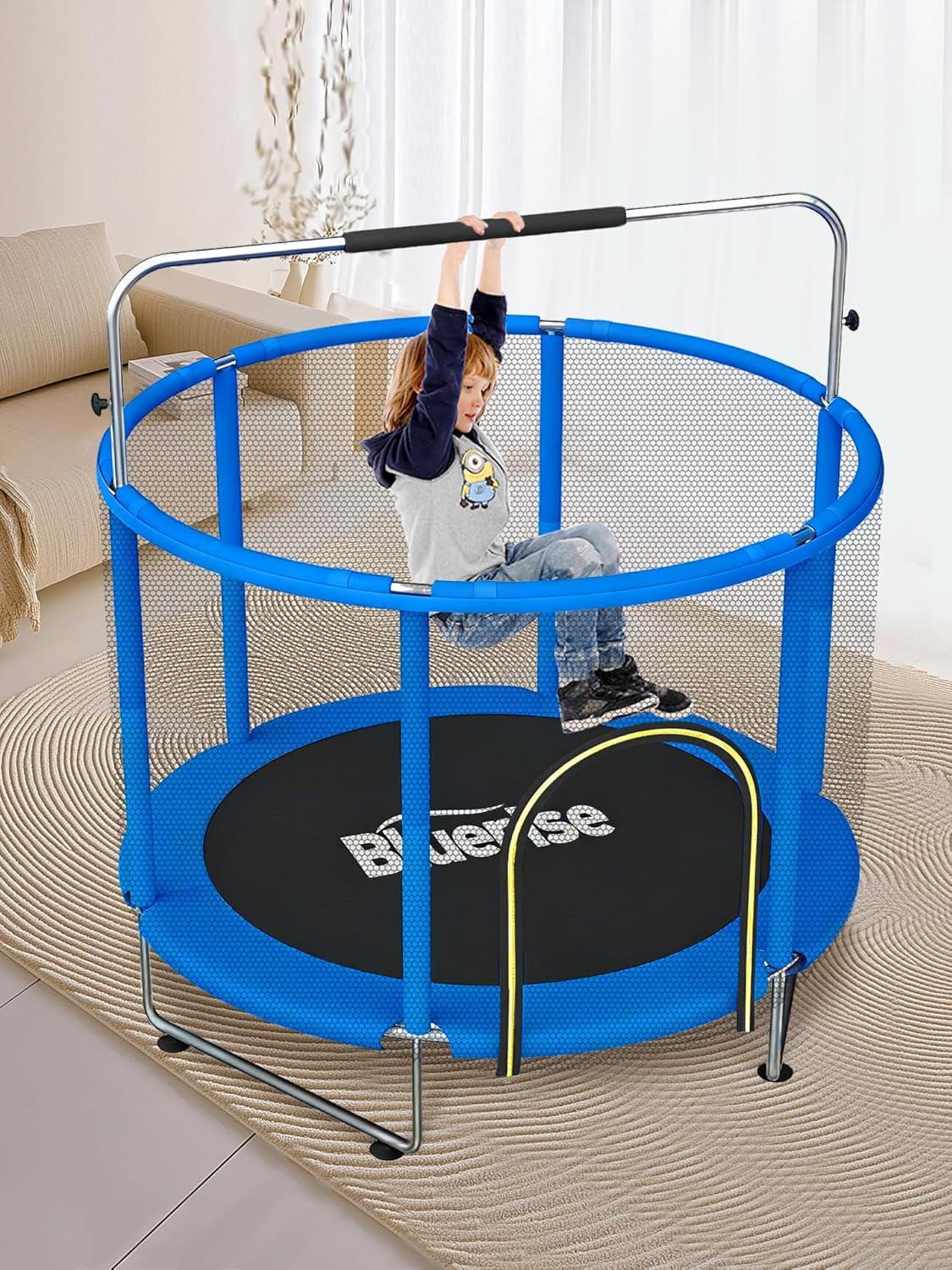 image:imageBLUERISE 55IN 6FT Toddler Trampoline for Kids Indoor Outdoor Play for Kids Trampoline Basketball Hoop Attachment with Enclosure Net Easy to AssembleBlue Dark 55IN 6in1