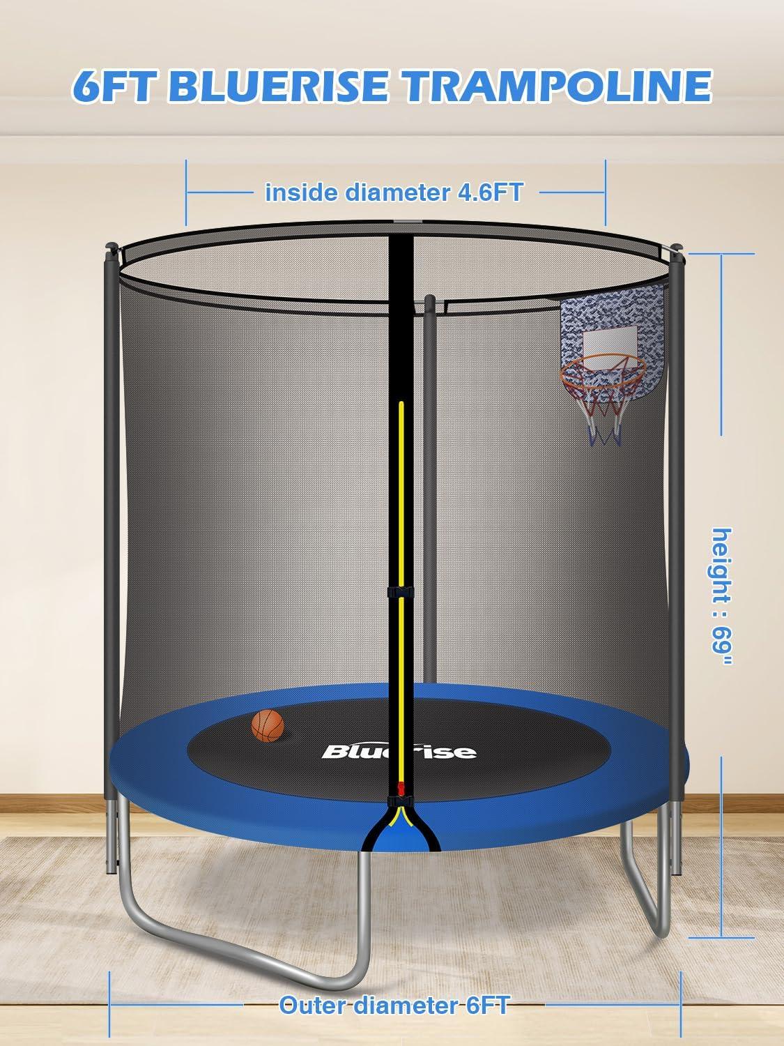 image:imageBLUERISE 55IN 6FT Toddler Trampoline for Kids Indoor Outdoor Play for Kids Trampoline Basketball Hoop Attachment with Enclosure Net Easy to AssembleBlue 6FT