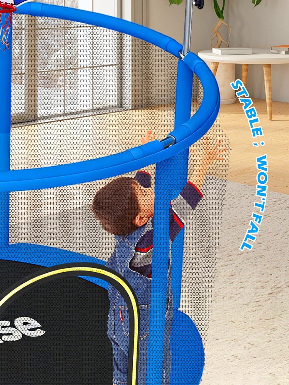 image:imageBLUERISE 55IN 6FT Toddler Trampoline for Kids Indoor Outdoor Play for Kids Trampoline Basketball Hoop Attachment with Enclosure Net Easy to AssembleBlue Dark 55IN 6in1