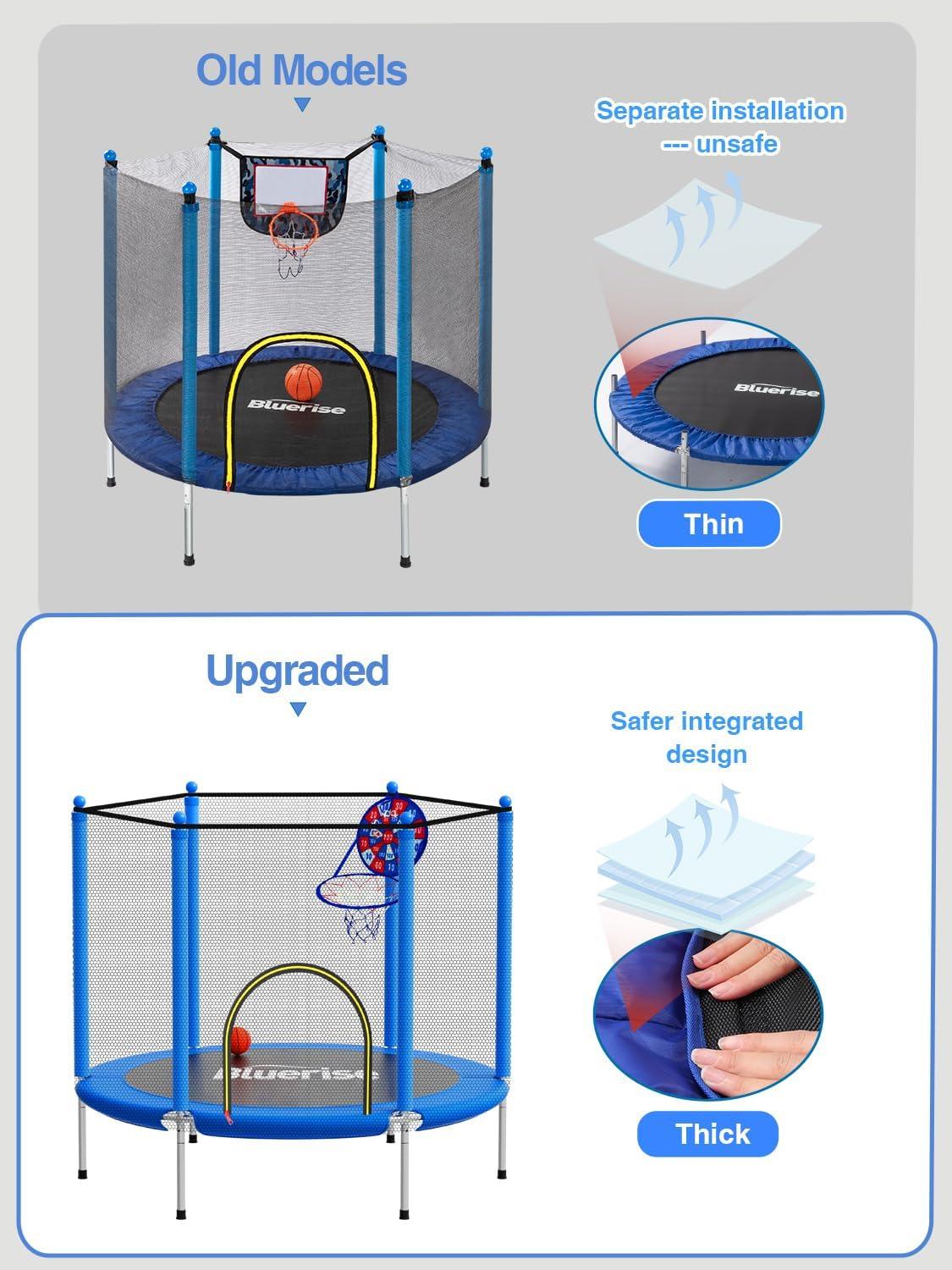 image:imageBLUERISE 55IN 6FT Toddler Trampoline for Kids Indoor Outdoor Play for Kids Trampoline Basketball Hoop Attachment with Enclosure Net Easy to AssembleBlue 55IN