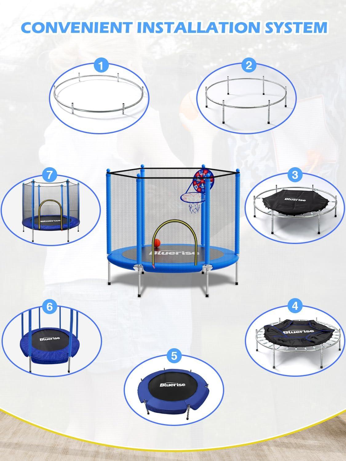 image:imageBLUERISE 55IN 6FT Toddler Trampoline for Kids Indoor Outdoor Play for Kids Trampoline Basketball Hoop Attachment with Enclosure Net Easy to AssembleBlue 55IN