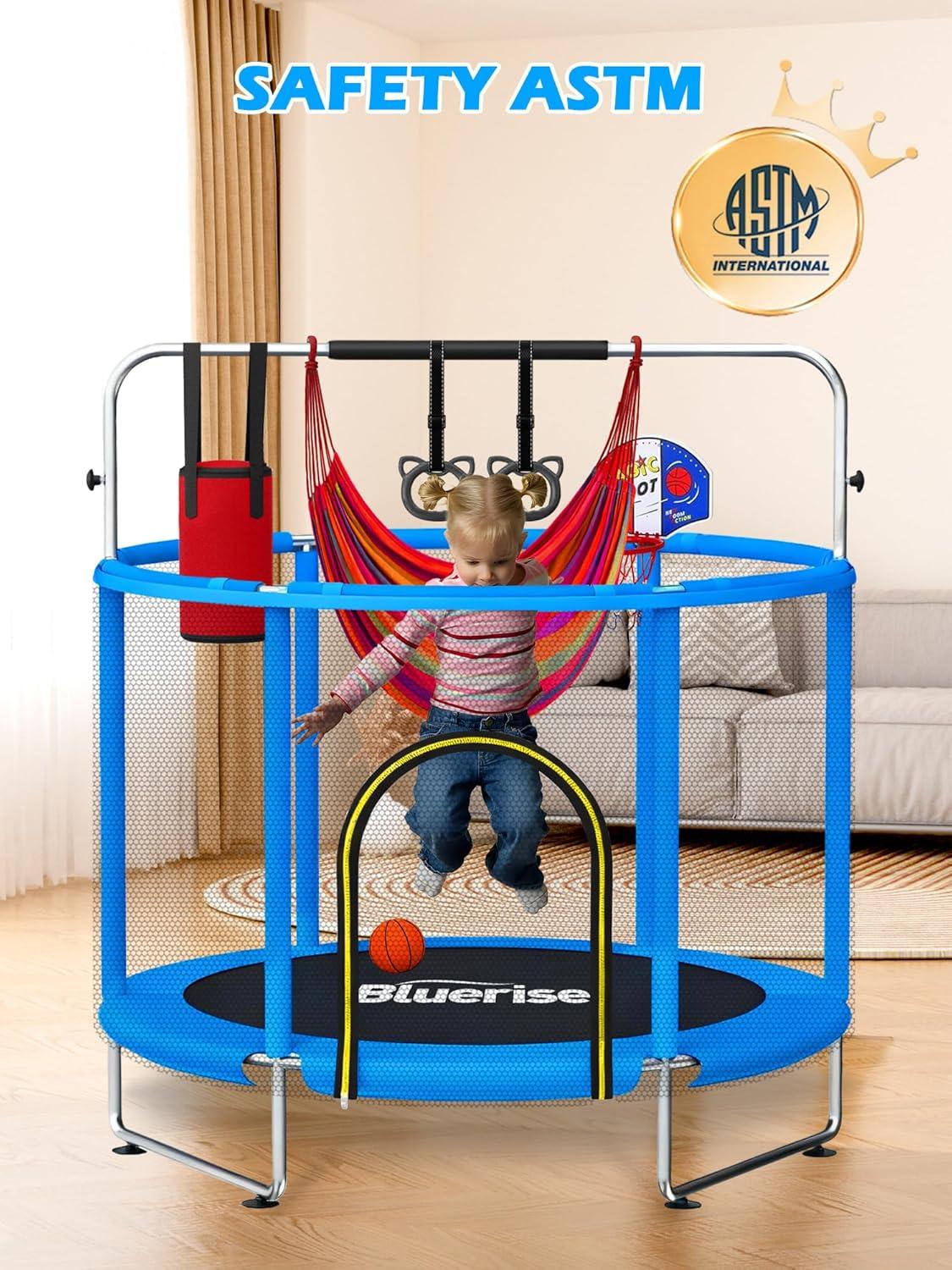image:imageBLUERISE 55IN 6FT Toddler Trampoline for Kids Indoor Outdoor Play for Kids Trampoline Basketball Hoop Attachment with Enclosure Net Easy to AssembleBlue Dark 55IN 6in1