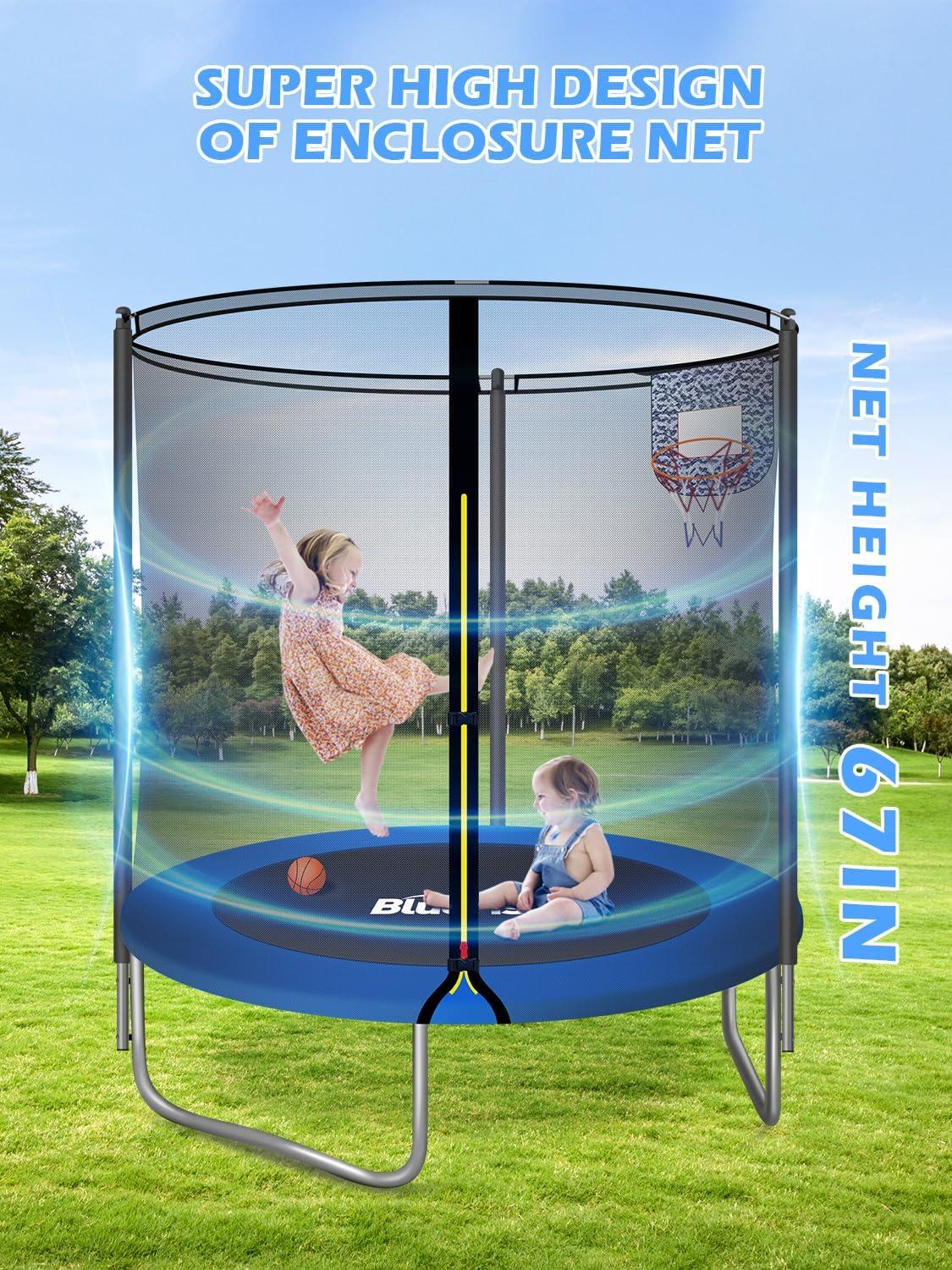 image:imageBLUERISE 55IN 6FT Toddler Trampoline for Kids Indoor Outdoor Play for Kids Trampoline Basketball Hoop Attachment with Enclosure Net Easy to AssembleBlue 6FT