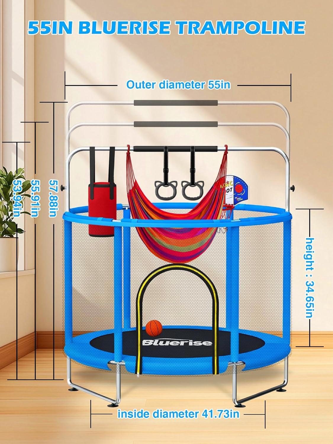 image:imageBLUERISE 55IN 6FT Toddler Trampoline for Kids Indoor Outdoor Play for Kids Trampoline Basketball Hoop Attachment with Enclosure Net Easy to AssembleBlue Dark 55IN 6in1