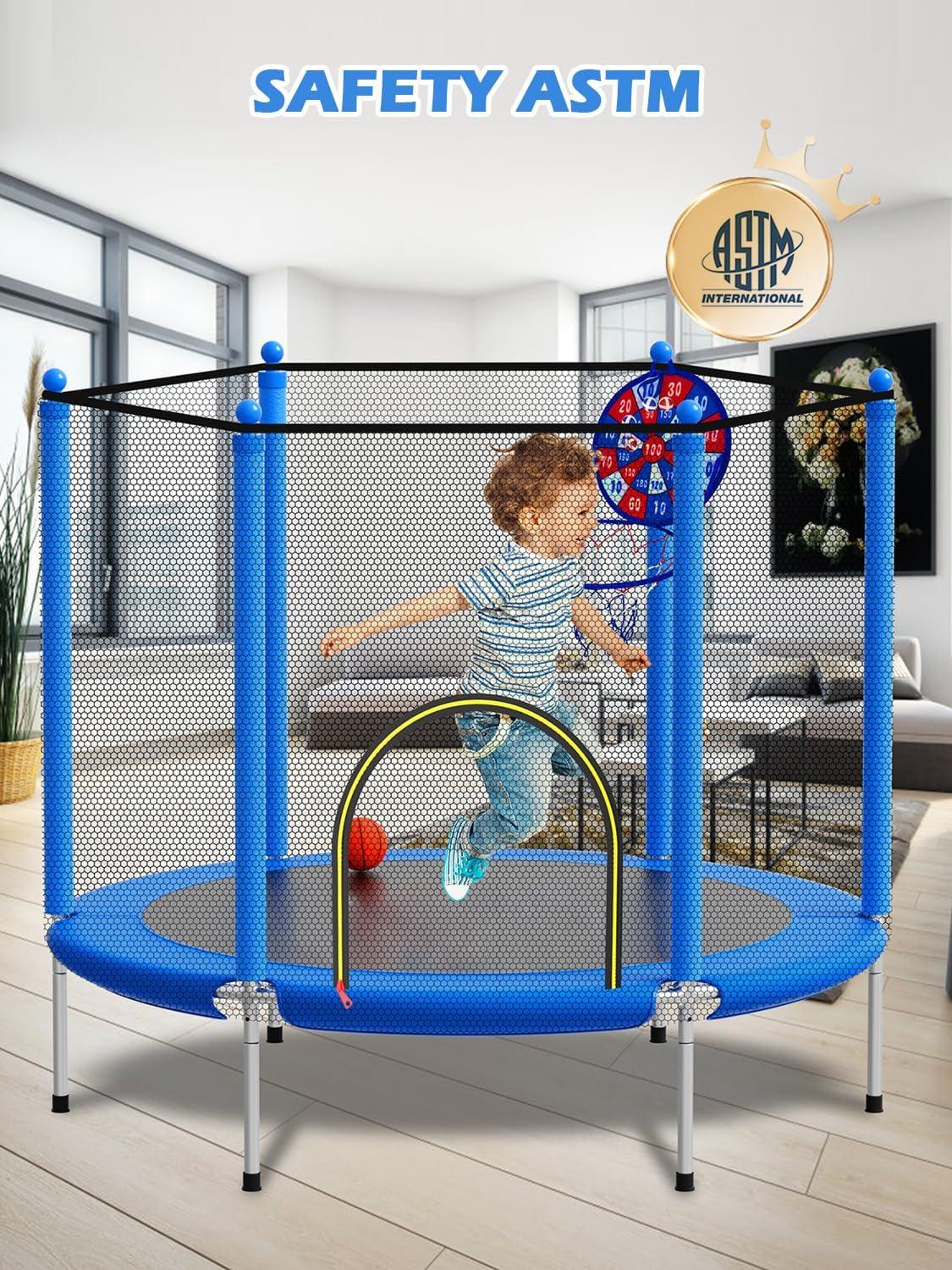 image:imageBLUERISE 55IN 6FT Toddler Trampoline for Kids Indoor Outdoor Play for Kids Trampoline Basketball Hoop Attachment with Enclosure Net Easy to AssembleBlue 55IN