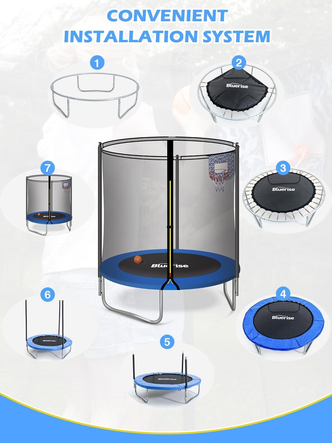image:imageBLUERISE 55IN 6FT Toddler Trampoline for Kids Indoor Outdoor Play for Kids Trampoline Basketball Hoop Attachment with Enclosure Net Easy to AssembleBlue 6FT