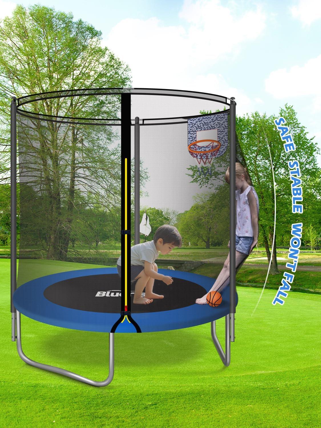 image:imageBLUERISE 55IN 6FT Toddler Trampoline for Kids Indoor Outdoor Play for Kids Trampoline Basketball Hoop Attachment with Enclosure Net Easy to AssembleBlue 6FT