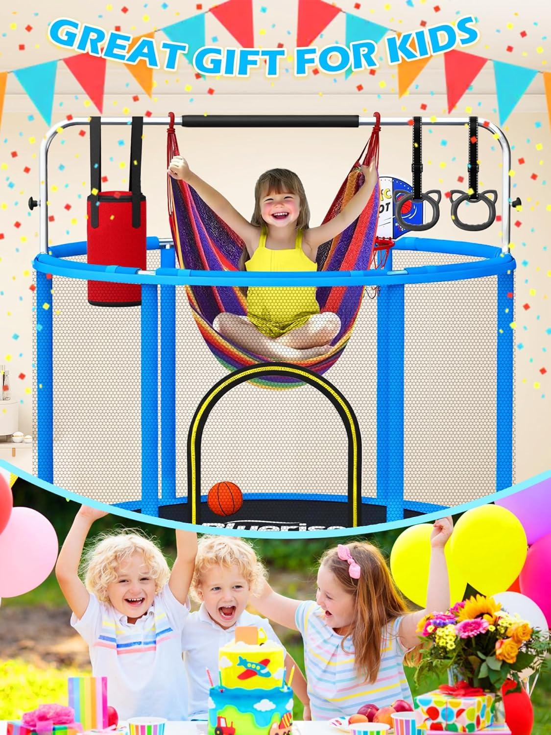 image:imageBLUERISE 55IN 6FT Toddler Trampoline for Kids Indoor Outdoor Play for Kids Trampoline Basketball Hoop Attachment with Enclosure Net Easy to AssembleBlue Dark 55IN 6in1