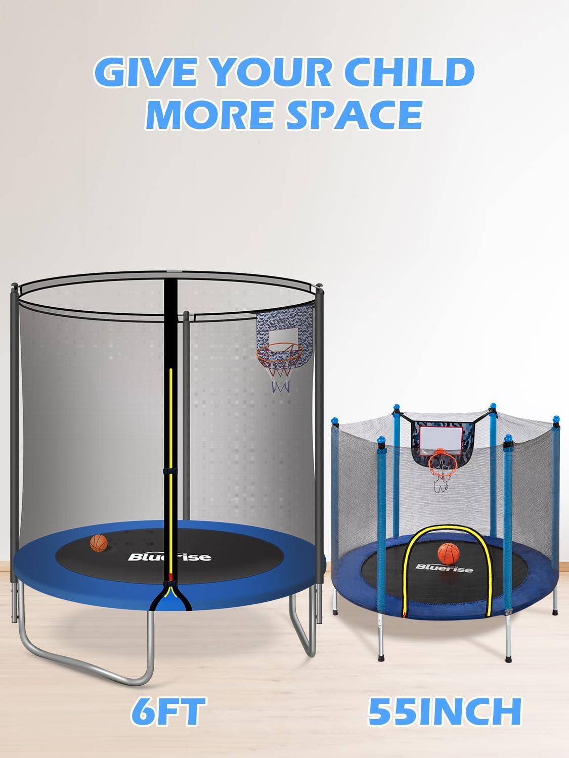 image:imageBLUERISE 55IN 6FT Toddler Trampoline for Kids Indoor Outdoor Play for Kids Trampoline Basketball Hoop Attachment with Enclosure Net Easy to AssembleBlue 6FT