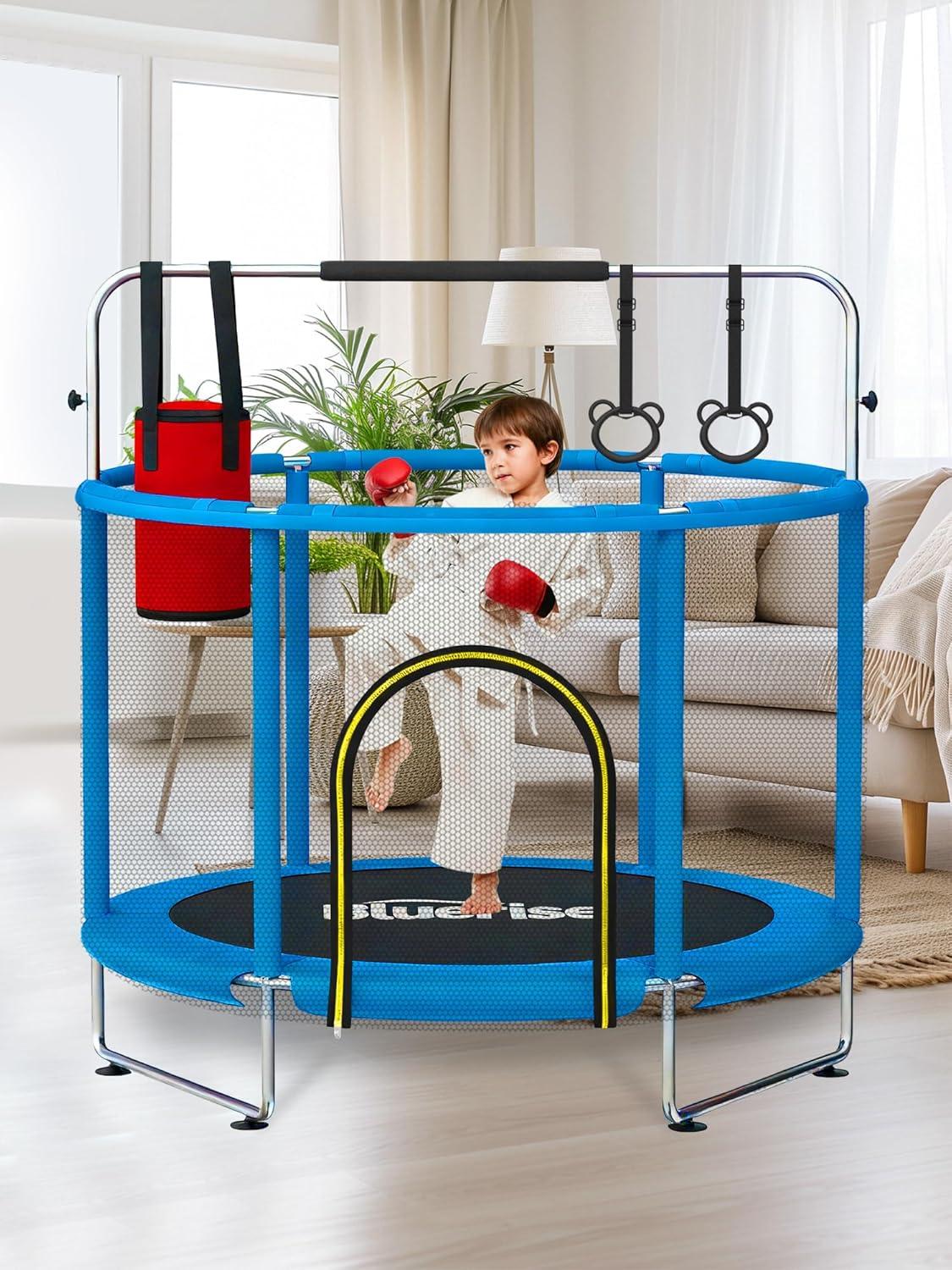 image:imageBLUERISE 55IN 6FT Toddler Trampoline for Kids Indoor Outdoor Play for Kids Trampoline Basketball Hoop Attachment with Enclosure Net Easy to AssembleBlue Dark 55IN 6in1