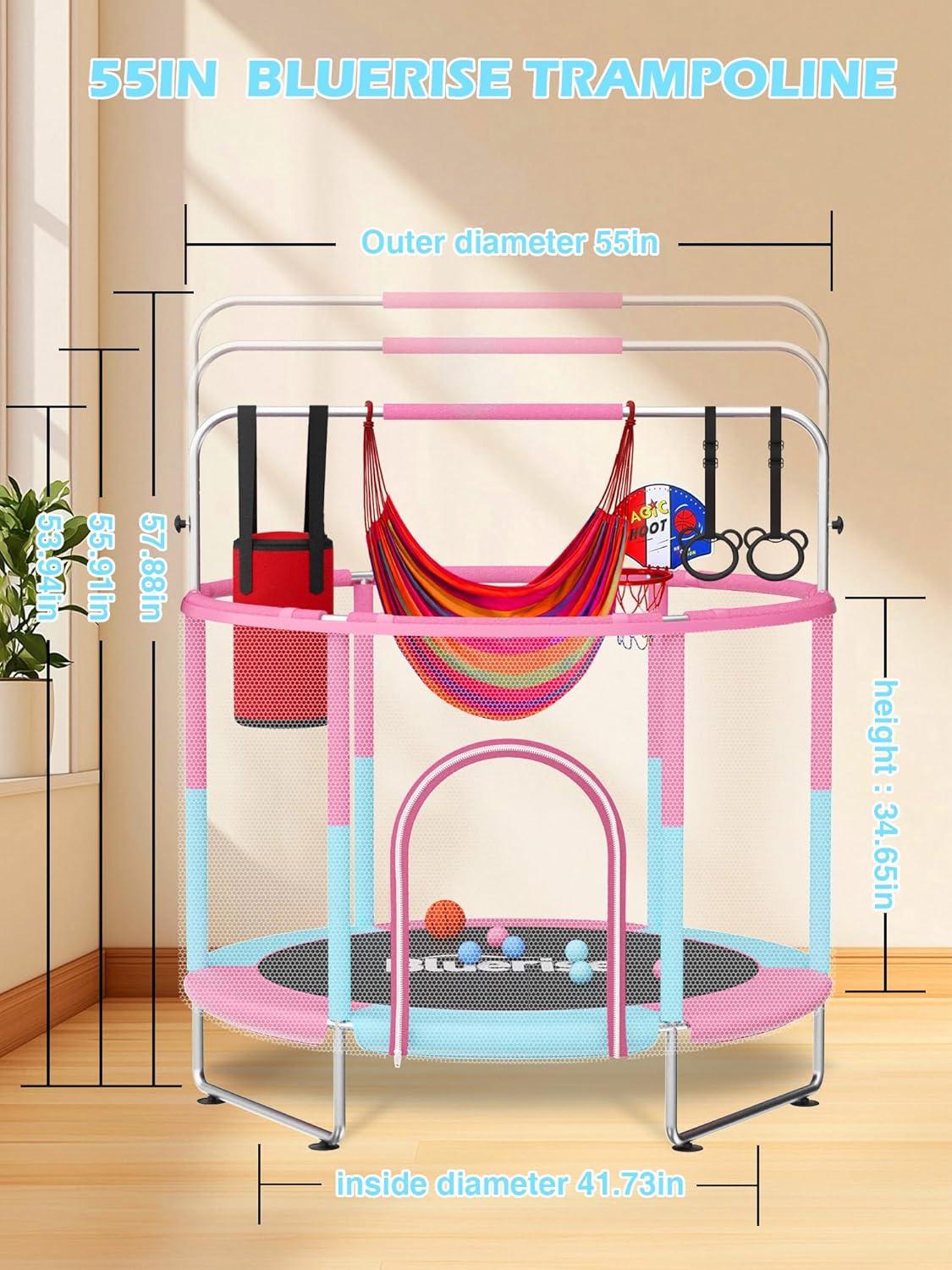 image:imageBLUERISE 55IN 6FT Toddler Trampoline for Kids Indoor Outdoor Play for Kids Trampoline Basketball Hoop Attachment with Enclosure Net Easy to AssemblePink Blue 55IN 6in1