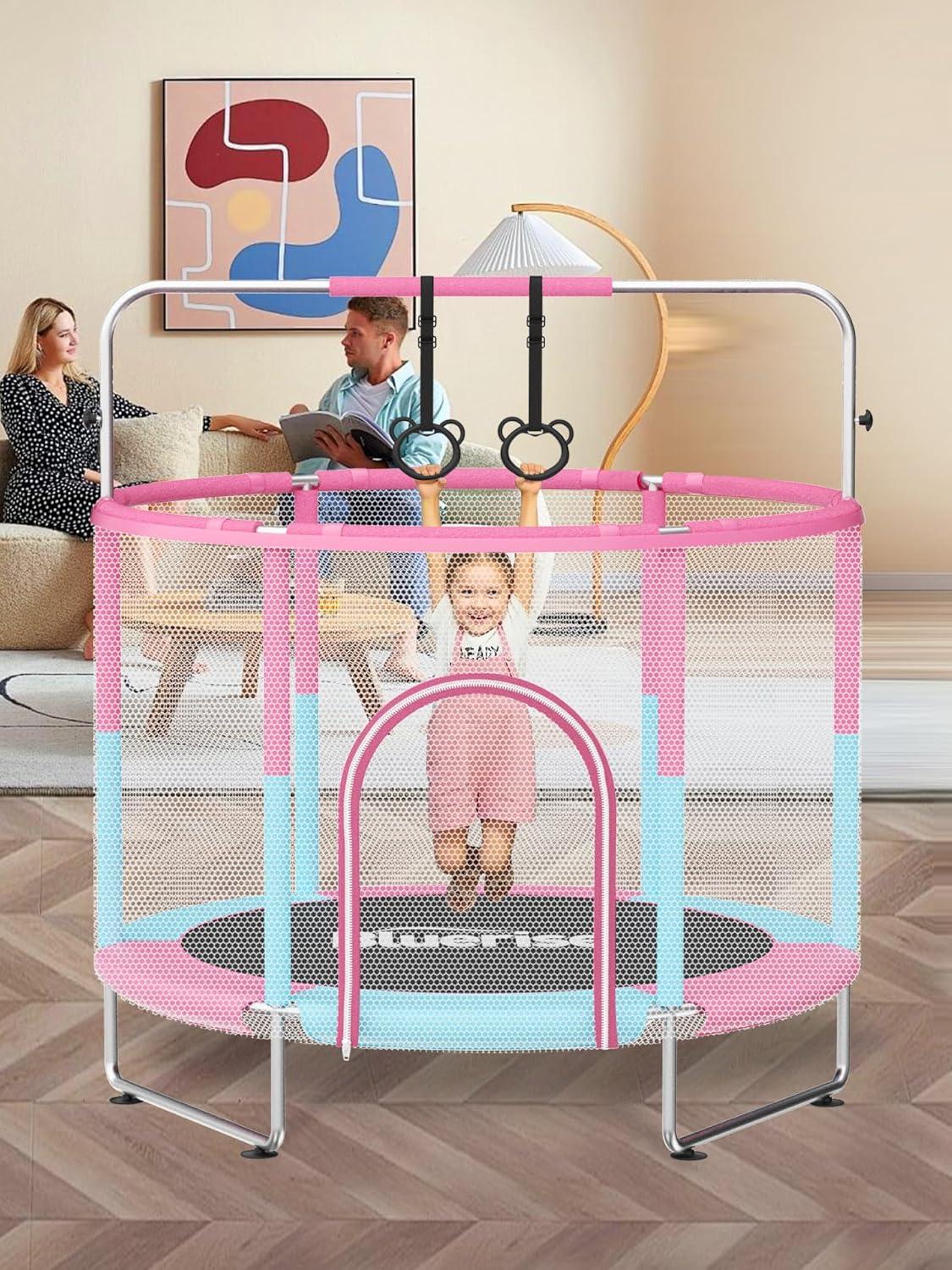 image:imageBLUERISE 55IN 6FT Toddler Trampoline for Kids Indoor Outdoor Play for Kids Trampoline Basketball Hoop Attachment with Enclosure Net Easy to AssemblePink Blue 55IN 6in1