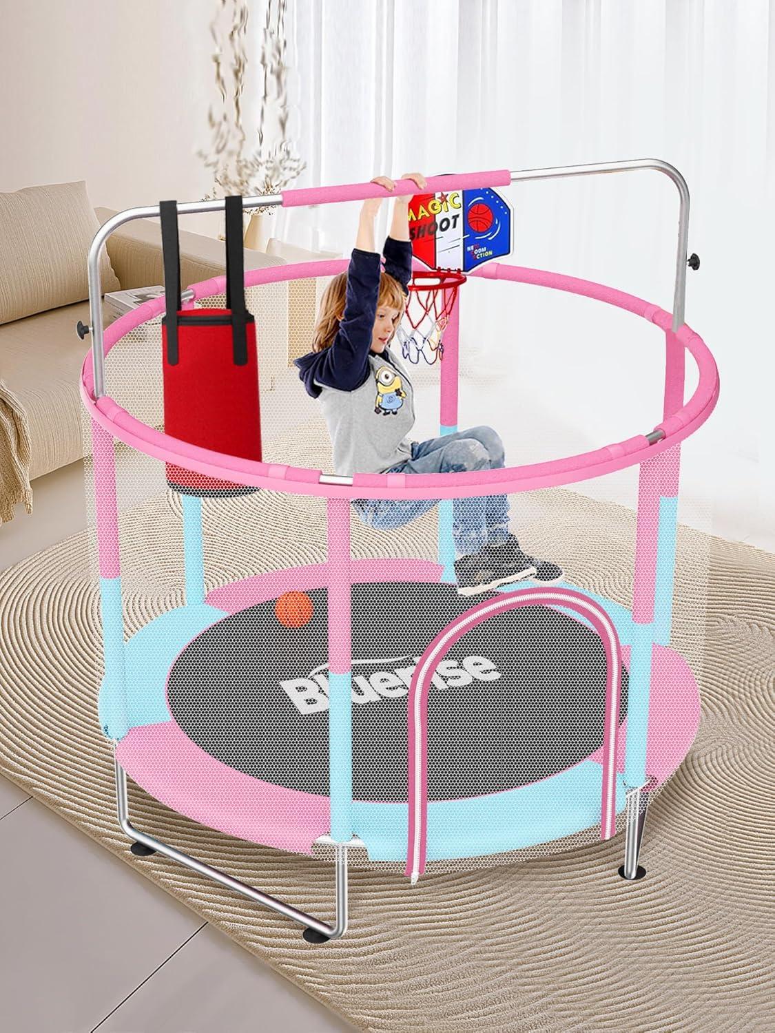 image:imageBLUERISE 55IN 6FT Toddler Trampoline for Kids Indoor Outdoor Play for Kids Trampoline Basketball Hoop Attachment with Enclosure Net Easy to AssemblePink Blue 55IN 6in1
