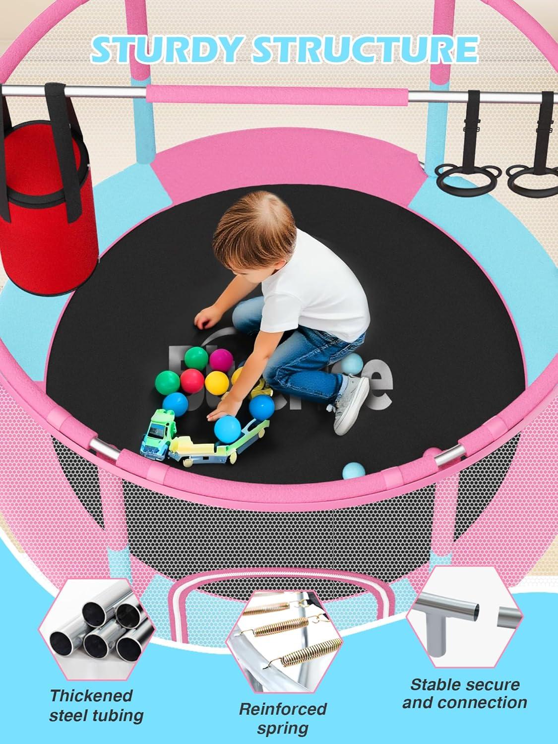 image:imageBLUERISE 55IN 6FT Toddler Trampoline for Kids Indoor Outdoor Play for Kids Trampoline Basketball Hoop Attachment with Enclosure Net Easy to AssemblePink Blue 55IN 6in1
