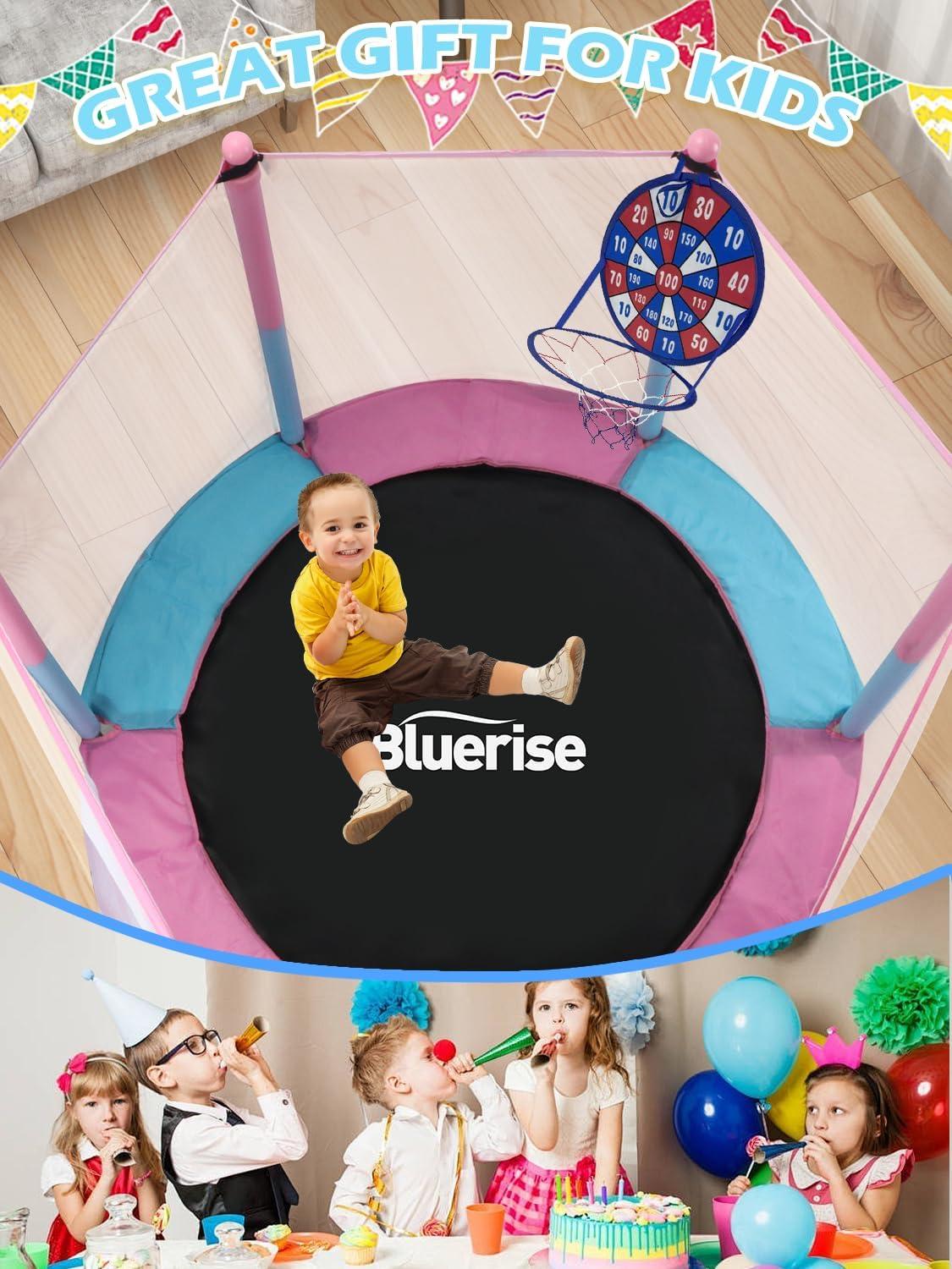 image:imageBLUERISE 55IN 6FT Toddler Trampoline for Kids Indoor Outdoor Play for Kids Trampoline Basketball Hoop Attachment with Enclosure Net Easy to AssemblePink 55IN